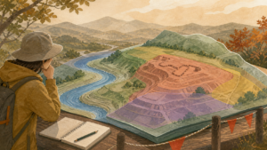 川、段丘、尾根と人工遺構の可能性を区別して安全に観察する旅行者の挿絵