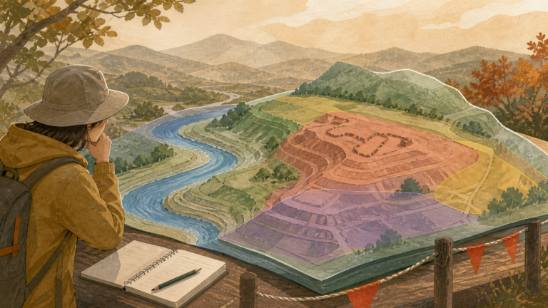 川、段丘、尾根と人工遺構の可能性を区別して安全に観察する旅行者の挿絵