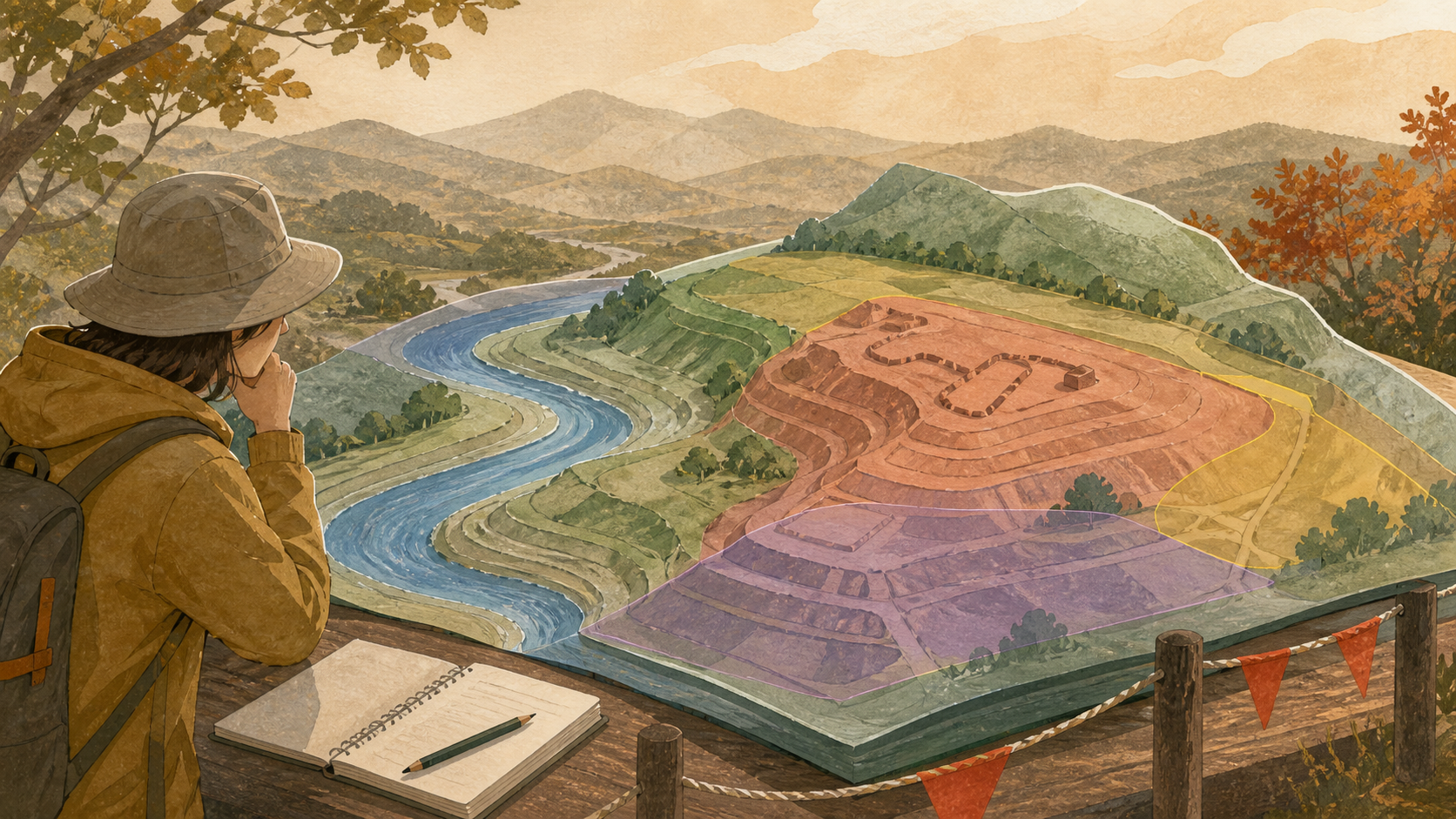 川、段丘、尾根と人工遺構の可能性を区別して安全に観察する旅行者の挿絵