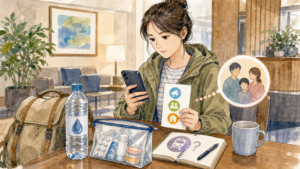 旅行中に公的災害情報、家族連絡、薬、帰路判断を確認する旅行者の挿絵