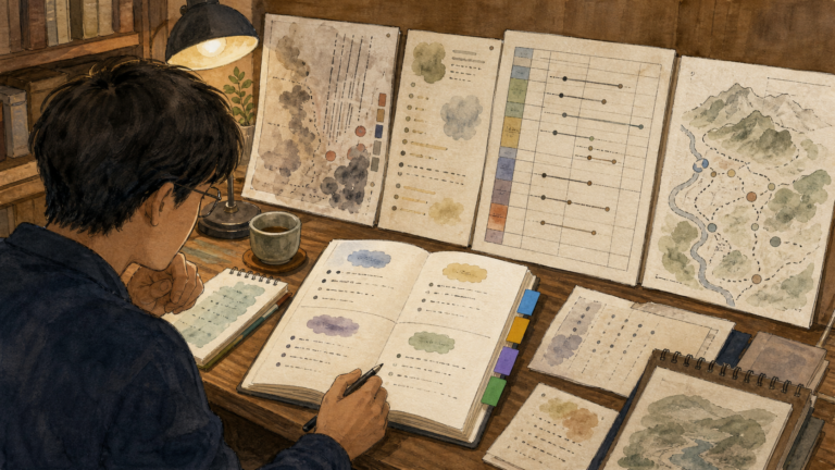 武将と土地の接点を史料、伝説、後世の評価に分けて調べる旅行者の挿絵