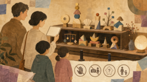 郷土玩具や縁起物の表示を確認し、触れずに鑑賞する家族の挿絵