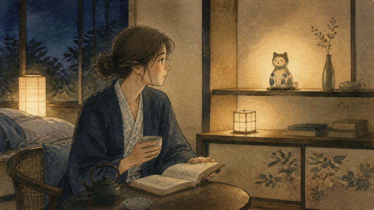 猫の形の小さな置物を眺めながら静かな宿の夜を過ごす旅行者の挿絵