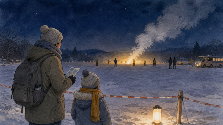 小正月行事の火を子どもと安全な距離から見守る旅行者の挿絵