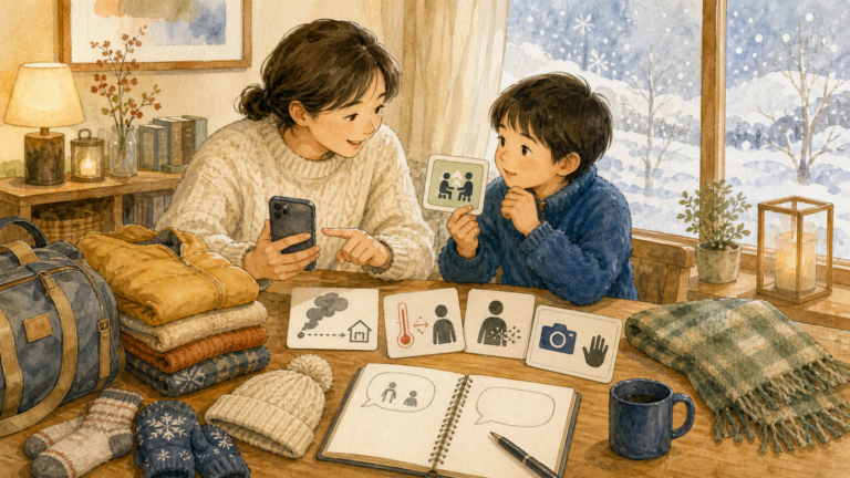 冬の地域行事を訪ねる前に安全と撮影マナーを子どもと確認する家族の挿絵
