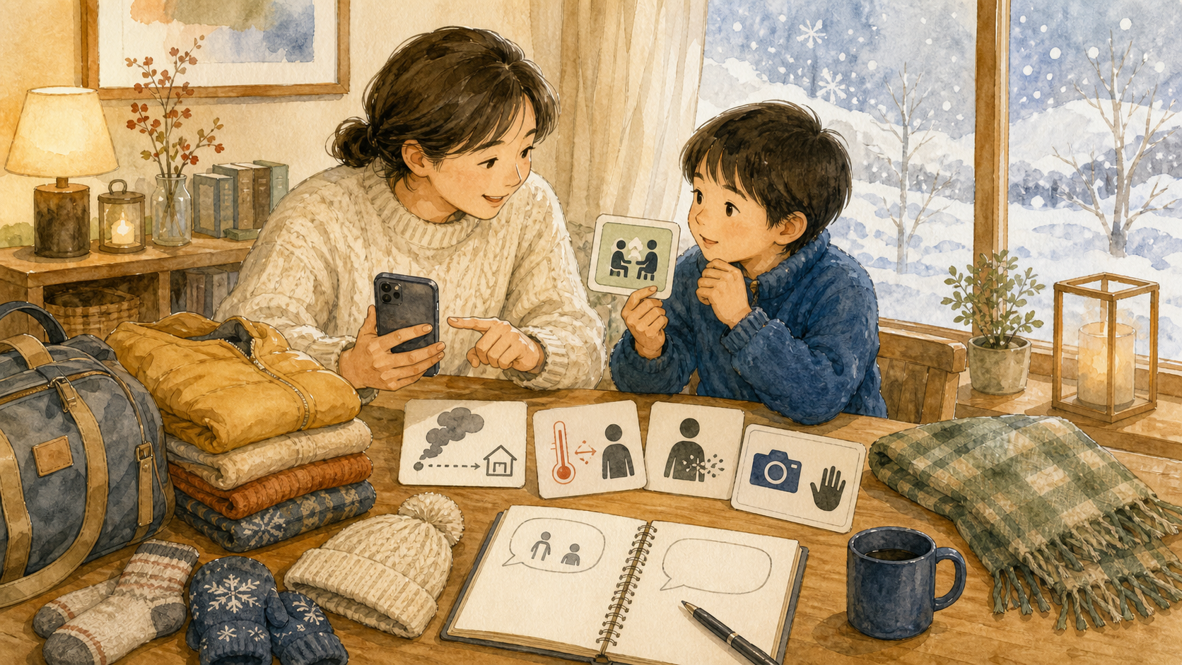 冬の地域行事を訪ねる前に安全と撮影マナーを子どもと確認する家族の挿絵