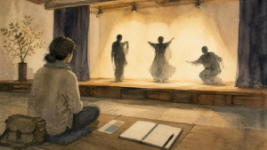カメラをしまい敬意ある距離から伝統芸能を観覧する旅行者の挿絵