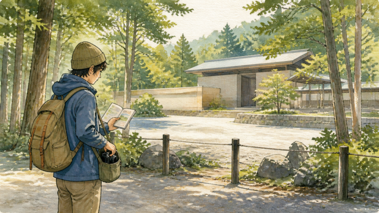 寺院を訪ねる前に公開範囲と撮影マナーを確認してカメラをしまう旅行者の挿絵