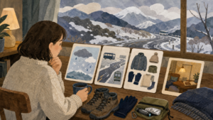 冬の気象と交通、服装、宿での第二案を確認する旅行者の挿絵