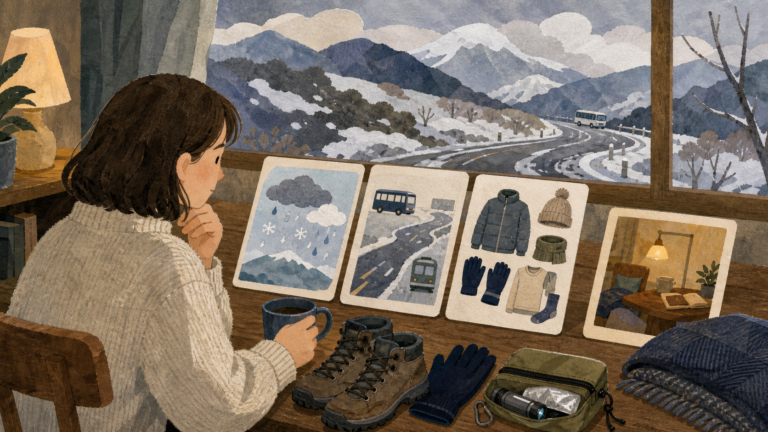 冬の気象と交通、服装、宿での第二案を確認する旅行者の挿絵
