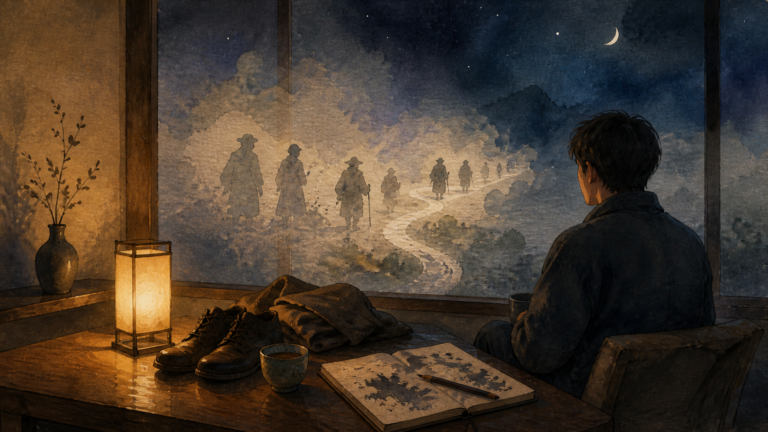 宿の夜に三国街道を歩いた昔の旅人へ思いを寄せる現代の旅行者の挿絵