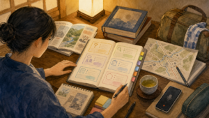 問い、資料評価、伝承、同意、出典を分けて地域史ノートを整理する旅行者の挿絵