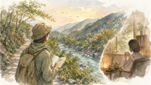 現在の道から坂や川の気配をたどり宿で散歩を振り返る旅行者の挿絵