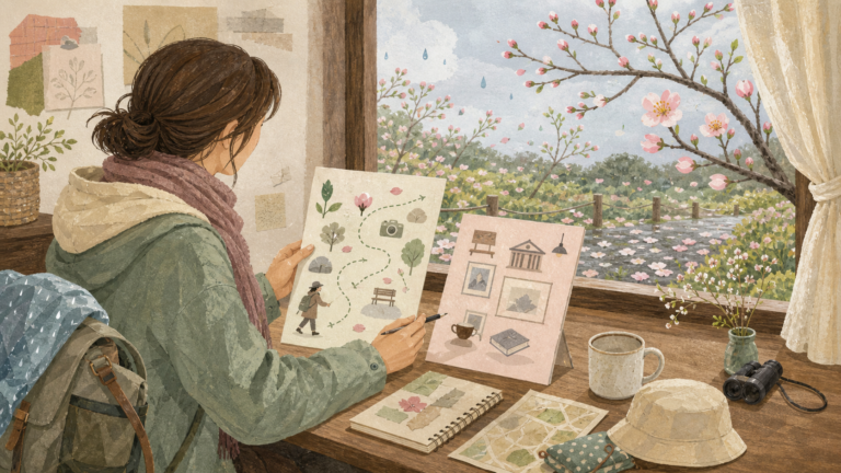 春の花旅と天候時の第二案を準備する旅行者の挿絵