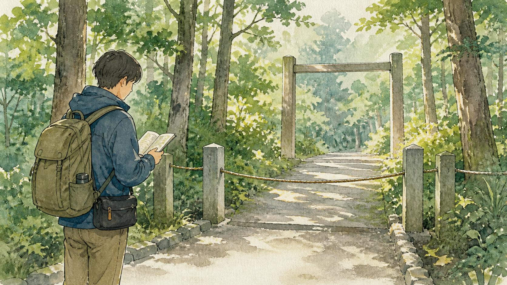 地域の祈りの場を訪ねる前に参拝と撮影のマナーを確認する旅行者の挿絵