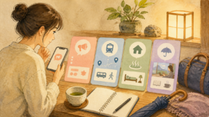 イベントの公式発表、移動、宿泊、第二案を確認する旅行者の挿絵