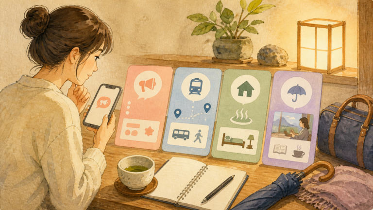 イベントの公式発表、移動、宿泊、第二案を確認する旅行者の挿絵