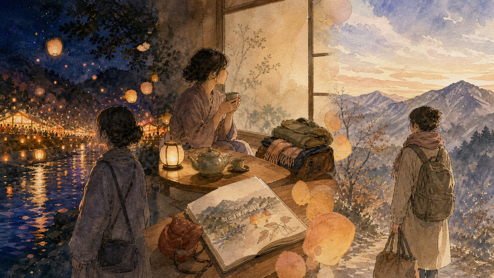 祭りの夜から宿の静けさと翌朝の山景色へ移る温泉旅行の挿絵