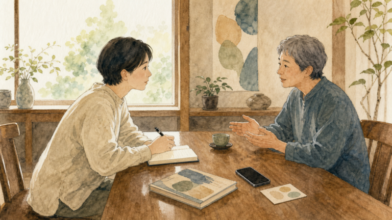 地域の言葉を聞き、録音せずノートへ丁寧に記録する旅行者の挿絵
