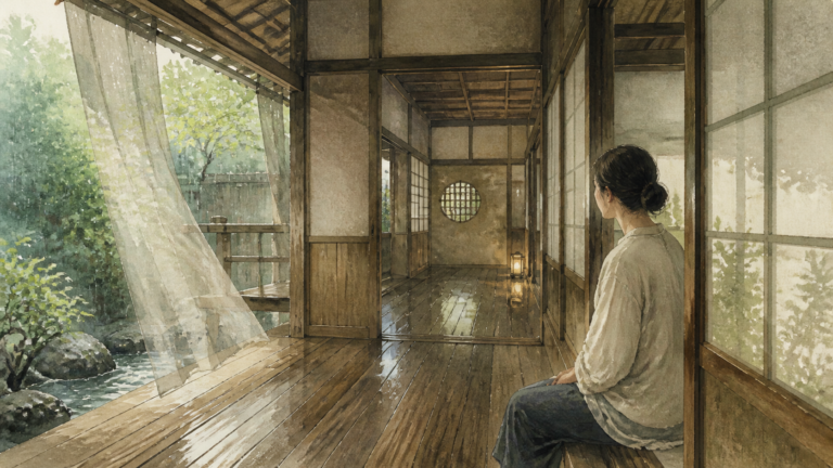 古い宿空間で木や建具、光、雨音を静かに味わう旅行者の挿絵