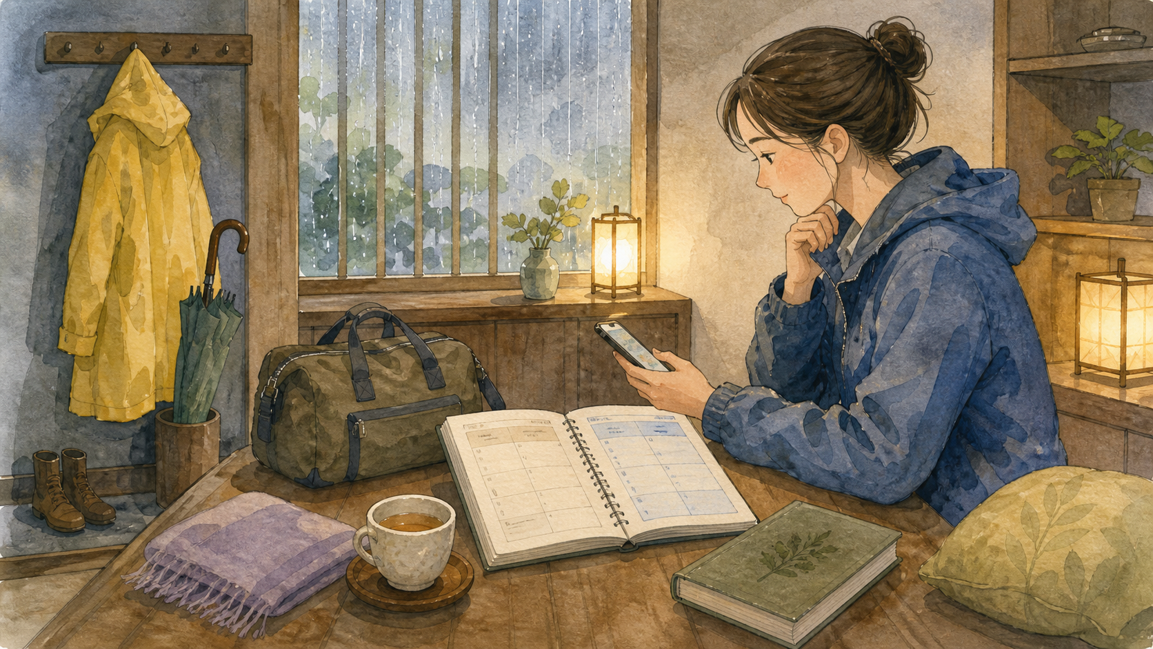 雨の日の一泊二日旅程を交通情報とともに確認する旅行者の挿絵