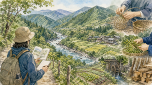 山や川、農地、手仕事と地域の暮らしの関係を学ぶ旅行者の挿絵