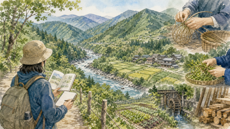 山や川、農地、手仕事と地域の暮らしの関係を学ぶ旅行者の挿絵