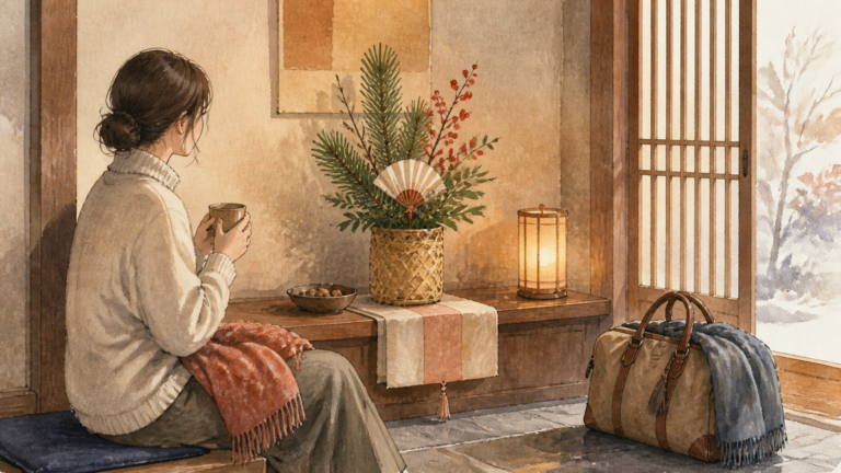 年末年始の季節のしつらえを静かに眺める旅行者の挿絵