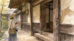 古い木造建築の木組みや漆喰の補修跡を静かに観察する旅行者の挿絵