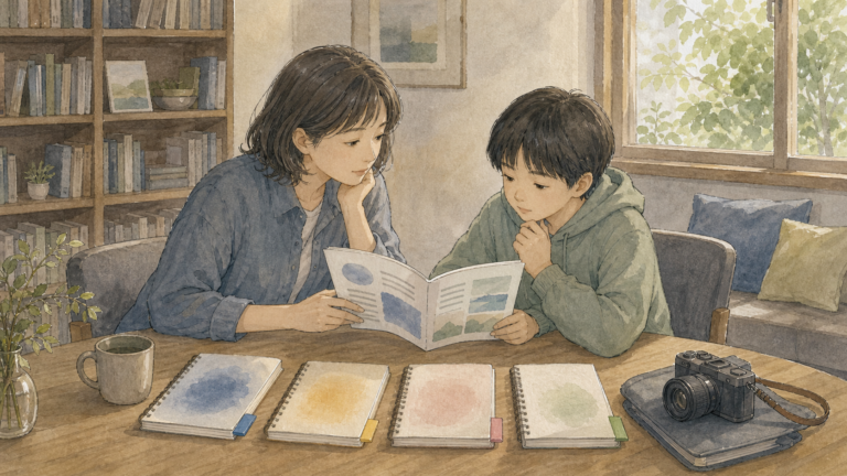 公的資料を読みながら平和について静かに対話する大人と子どもの挿絵