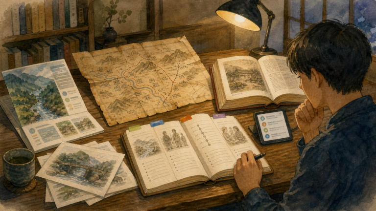 旅の前後に複数の歴史資料を読み比べて情報を整理する旅行者の挿絵