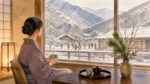 雪景色と正月の季節飾りを静かな宿時間の中で楽しむ旅行者の挿絵