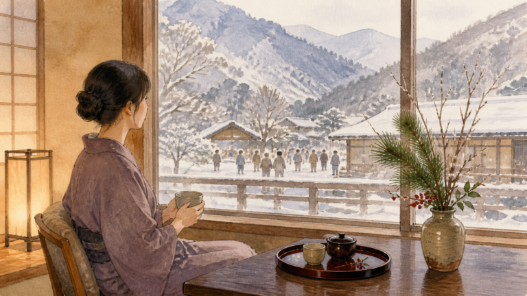 雪景色と正月の季節飾りを静かな宿時間の中で楽しむ旅行者の挿絵