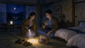 宿泊中の停電を想定し電池式ライトと連絡手段を確認する二人の挿絵