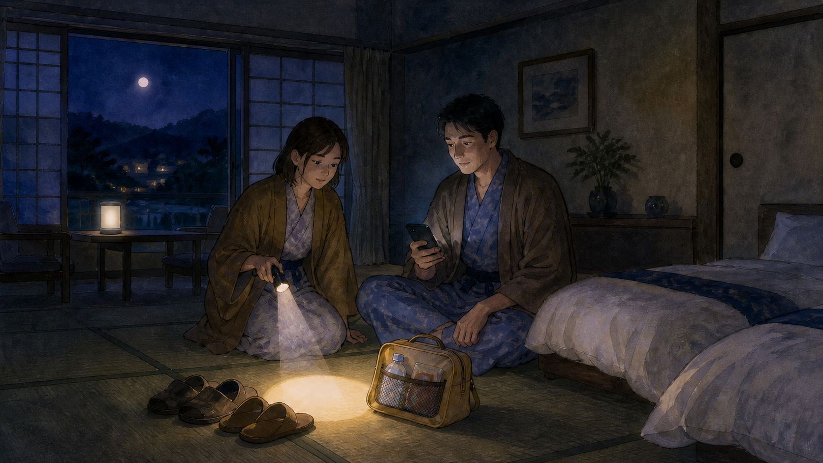 宿泊中の停電を想定し電池式ライトと連絡手段を確認する二人の挿絵