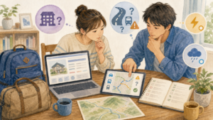 災害後の宿泊再開前に宿・道路・交通・電力・天候情報を確認する二人の挿絵