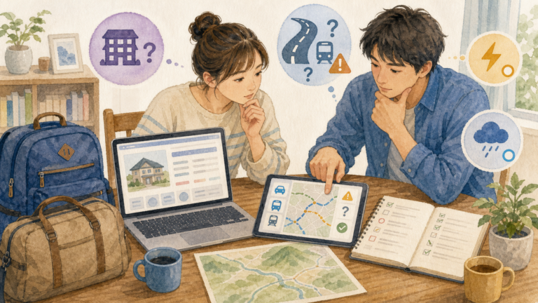 災害後の宿泊再開前に宿・道路・交通・電力・天候情報を確認する二人の挿絵