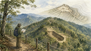 安全柵の内側から城跡の地形と想像上の山城構造を読み解く旅行者の挿絵