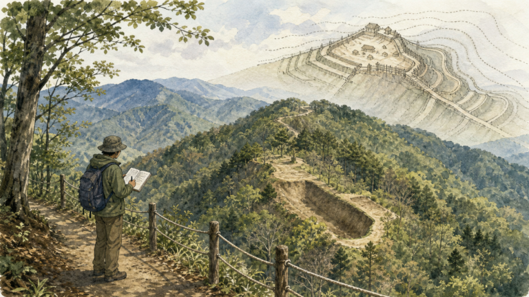 安全柵の内側から城跡の地形と想像上の山城構造を読み解く旅行者の挿絵
