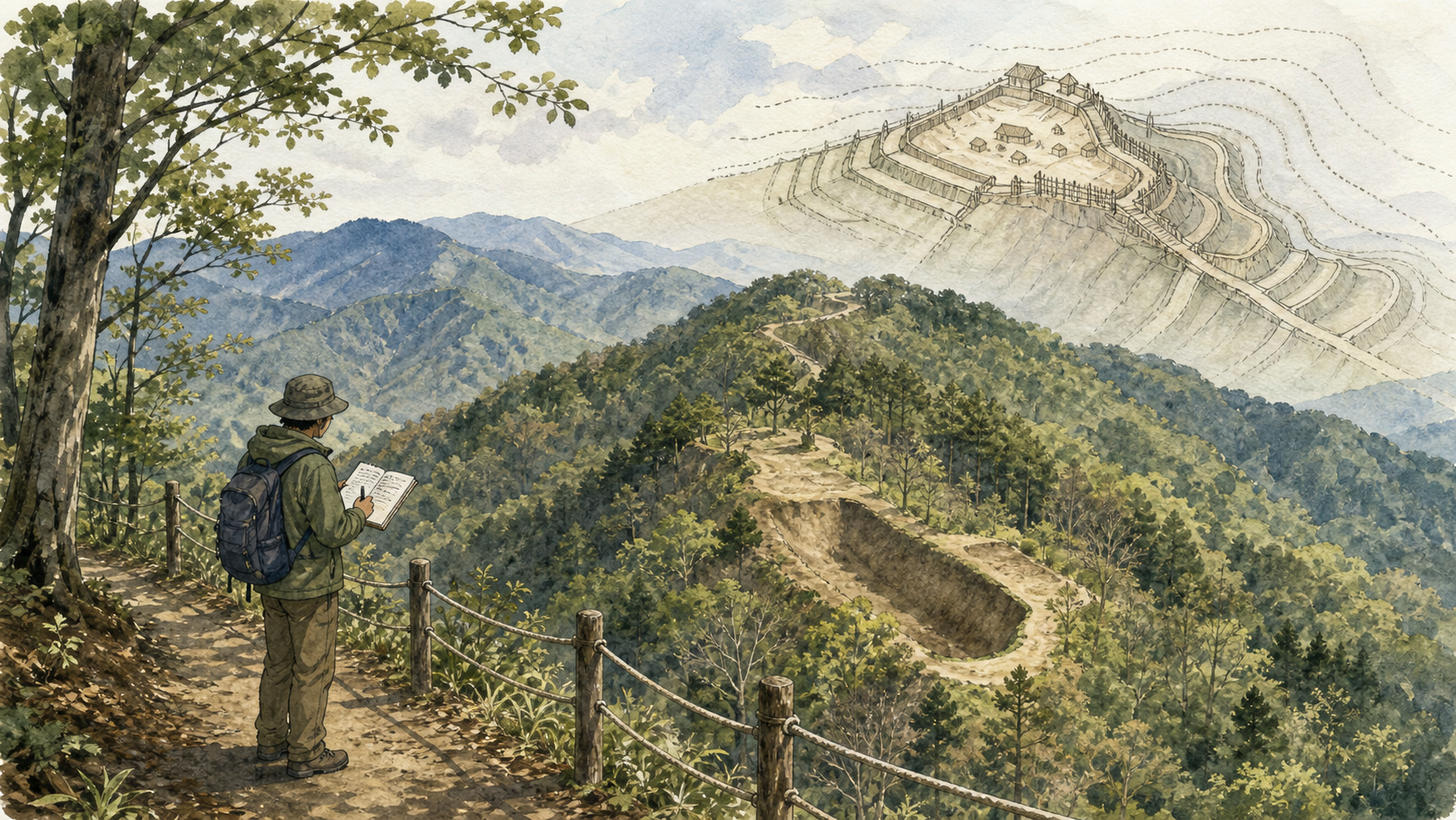 安全柵の内側から城跡の地形と想像上の山城構造を読み解く旅行者の挿絵