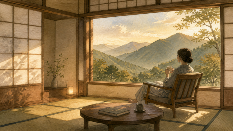 静かな和室で山の景色を眺め何もしない時間を過ごす旅行者の挿絵