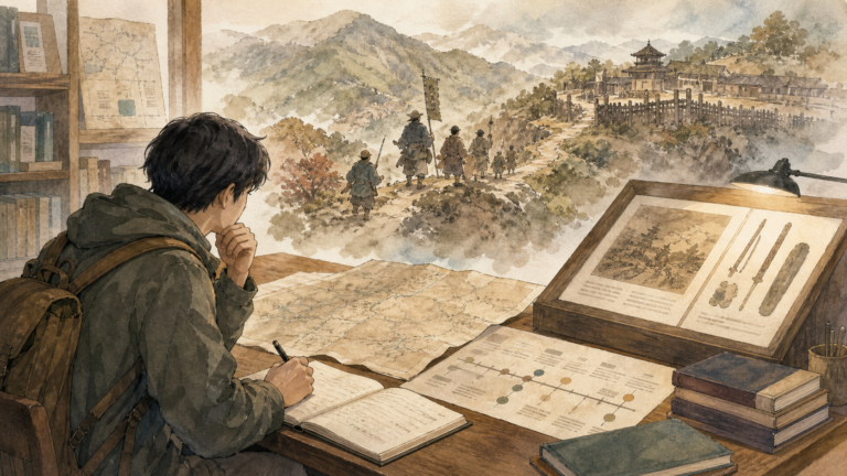 資料と想像上の山城風景を照らし合わせて歴史を調べる旅行者の挿絵