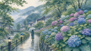 雨の中で安全な通路からあじさいのような花を眺める旅行者の挿絵
