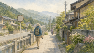 住宅や地域の暮らしに配慮しながら公共の歩道を歩く旅行者の挿絵