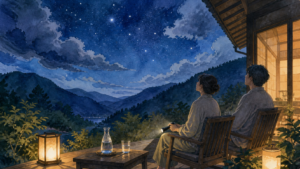 山あいの宿を思わせる安全な屋外席で夏の夜空を眺める二人の挿絵