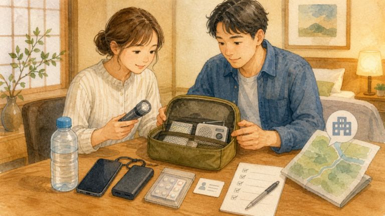 宿泊前に防災用の持ち物と連絡手段を確認する旅行者の挿絵