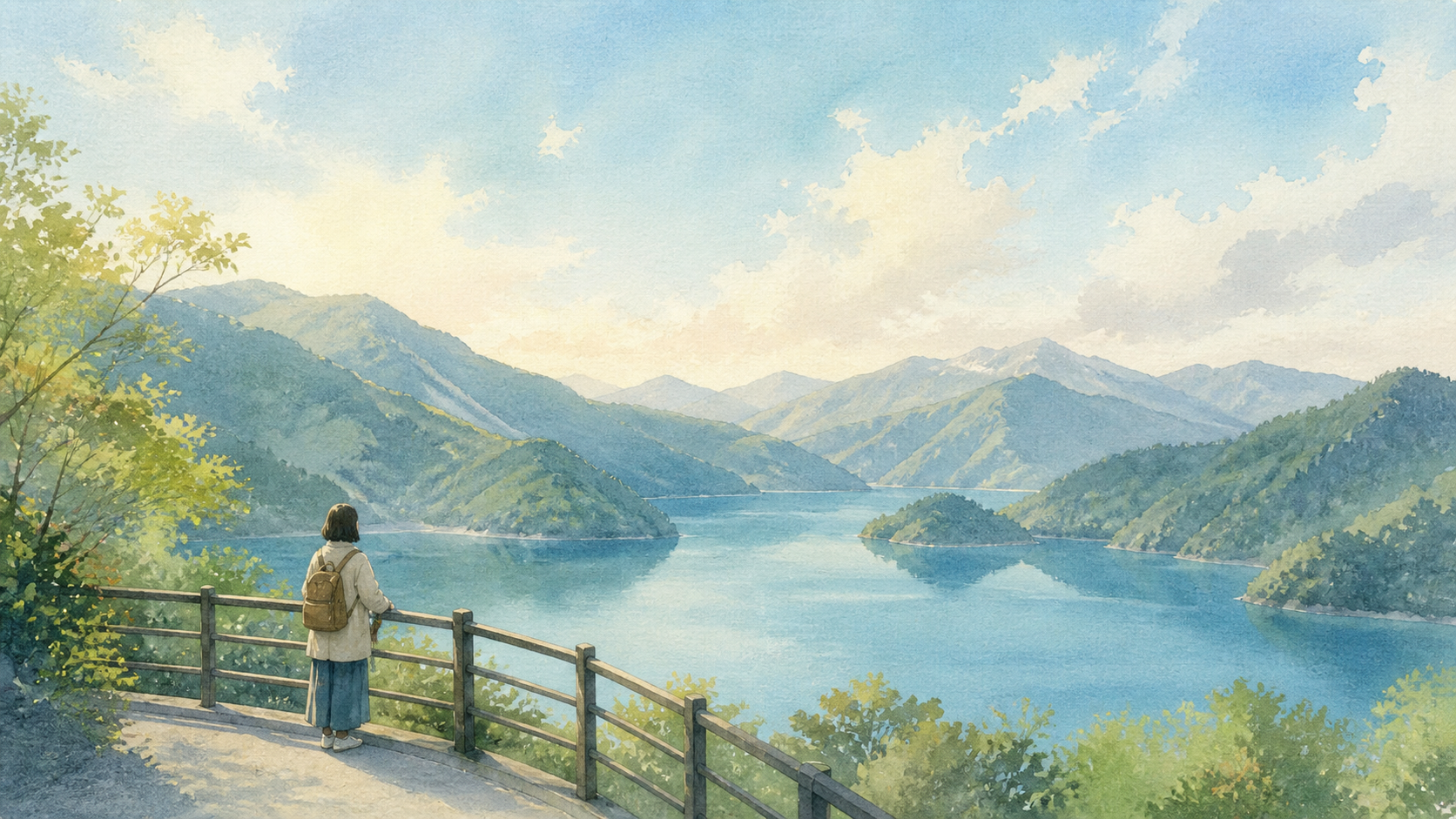 手すりのある安全な展望場所から山あいの湖を眺める旅行者の挿絵