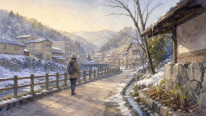 雪解けの気配を安全な通路から探す朝の旅行者の挿絵