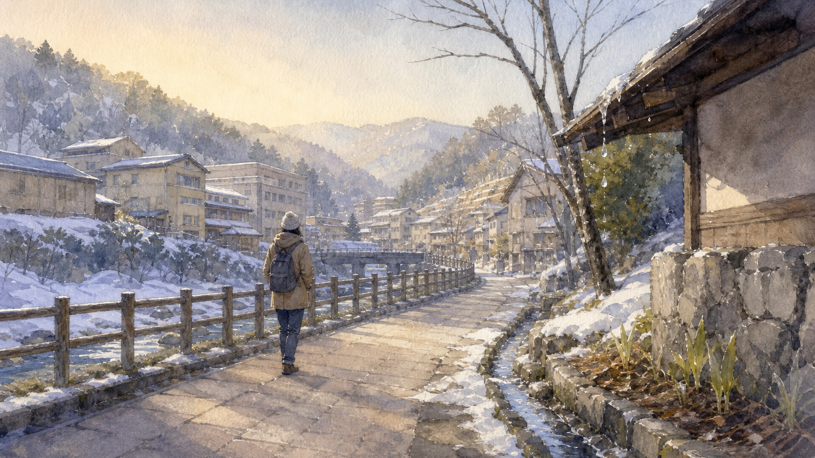 雪解けの気配を安全な通路から探す朝の旅行者の挿絵