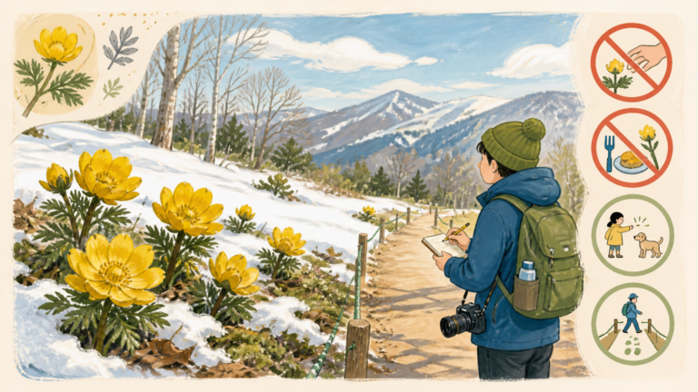 残雪のそばの福寿草を摘まず食べず通路から観察する挿絵